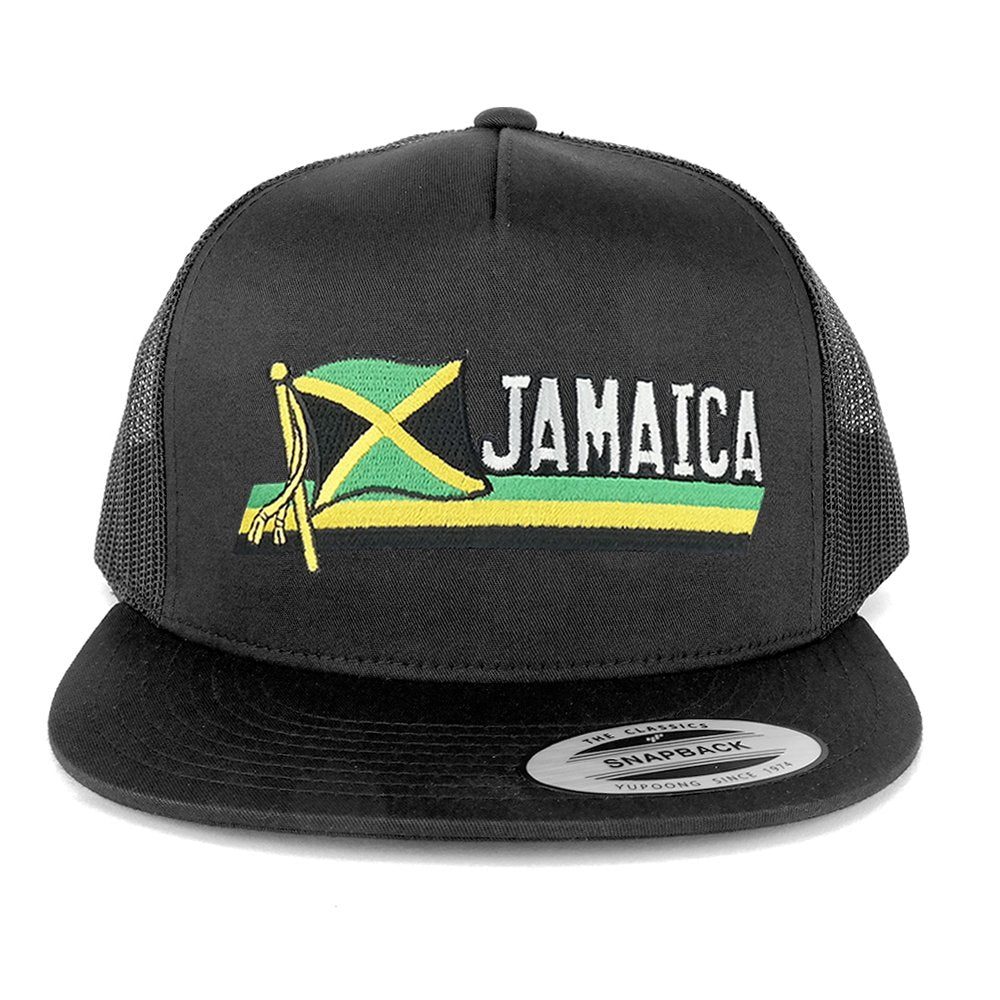 Flexfit 5 Panel Jamaica Flag and Text Embroidered Cutout Patch Snapback Mesh Cap