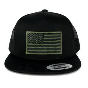 Flexfit 5 Panel American Flag Patched Snapback Mesh Cap - Black