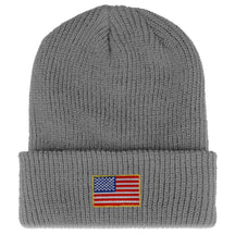 Armycrew Small American Flag Embroidered Patch Ribbed Cuffed Knit Beanie - Black