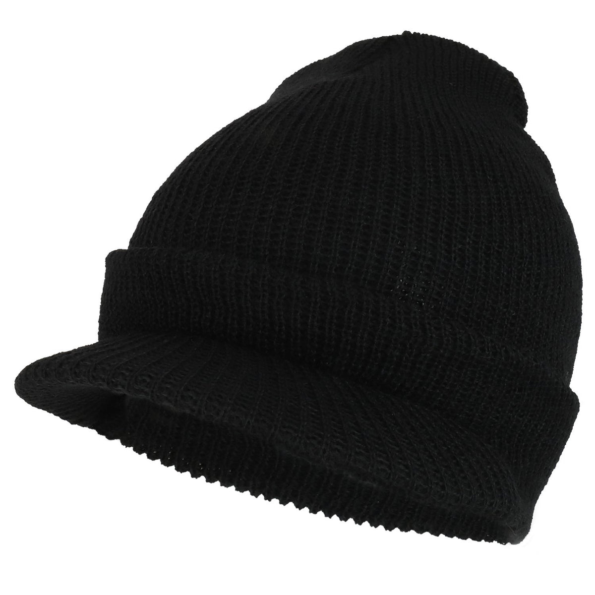 Armycrew Made in USA Government Issue Wool Ribbed Visor Beanie Cap - Black