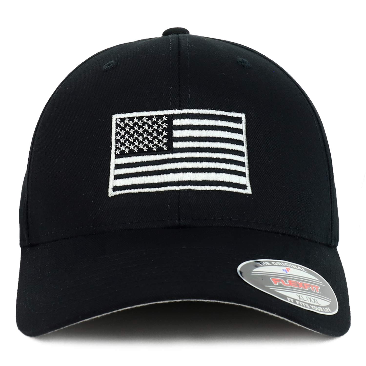Armycrew USA American Flag Embroidered Flexfit Cap Fits Up to XXL - Black - L-XL