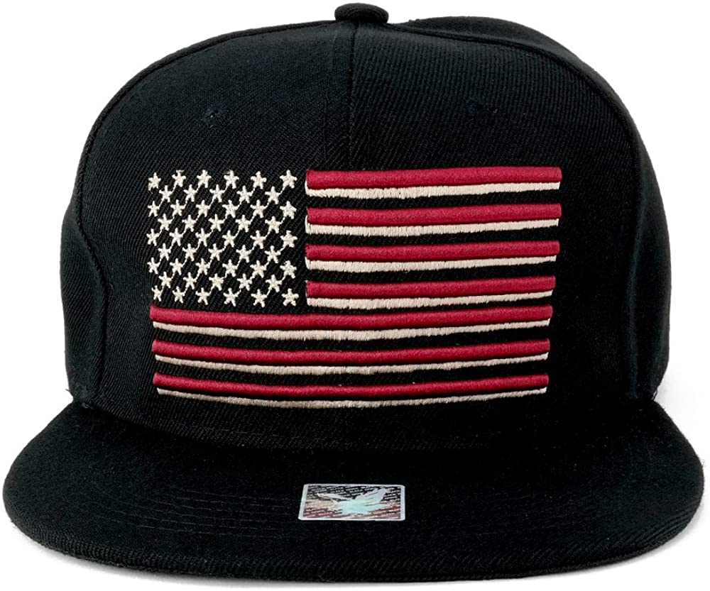 Armycrew USA American Flag Embroidered Flat Bill Snapback Cap - Black Black