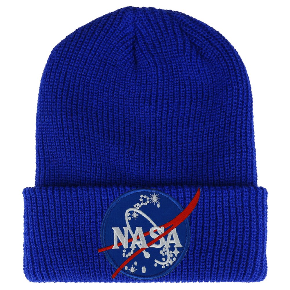 Armycrew NASA Insignia Logo Embroidered Patch Ribbed Cuffed Knit Beanie - Black