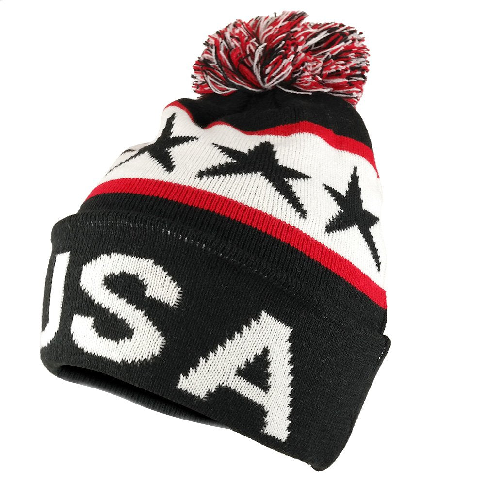 Armycrew USA Pom Pom Stylish Acrylic Cuff Winter Beanie Hat - USA Print - Black Red