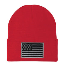 Made in USA - Black Grey American Flag Embroidered Patch Long Cuff Beanie