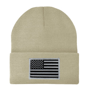 Made in USA - Black White American Flag Embroidered Patch Long Cuff Beanie