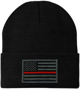 Made in USA - Thin RED Line American Flag Embroidered Patch Long Cuff Beanie