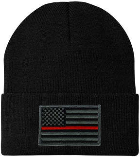 Made in USA - Thin RED Line American Flag Embroidered Patch Long Cuff Beanie