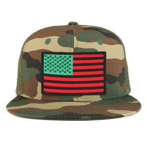 Red Green Black American Flag Iron on Patch Flat Bill Ripstop Trucker Mesh Cap