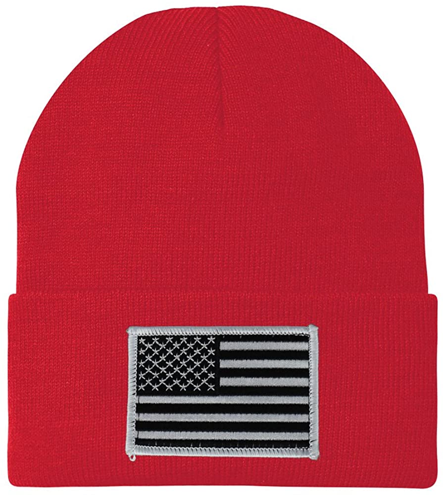 Made in USA - Black White American Flag Embroidered Patch Long Cuff Beanie