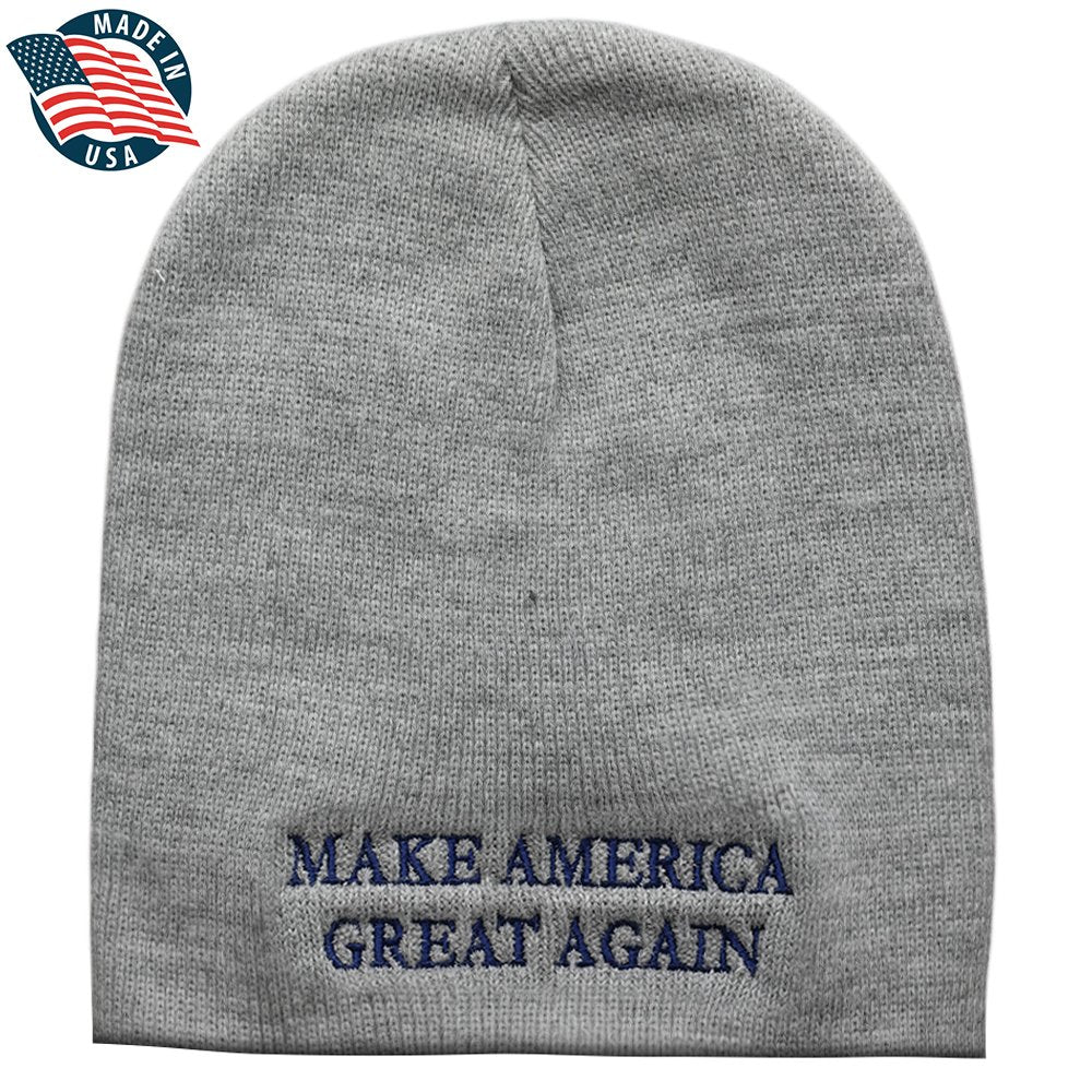 Made in USA, Donald Trump Make American Great Again Embroidered Short Knit Beanie - Grey