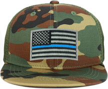 Armycrew Youth Kid's Thin Blue Line American Flag Patch Flat Bill Snapback Trucker Cap