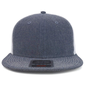 Armycrew Structured Chambray Flatbill Mesh Trucker Snapback Cap - Navy White