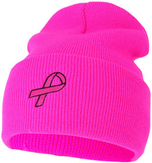 Armycrew Breast Cancer Awareness Pink Ribbon Embroidered Long Beanie