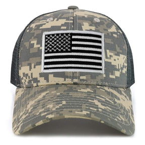 Armycrew Black White American Flag Patch Camouflage Structured Mesh Trucker Cap - ACU