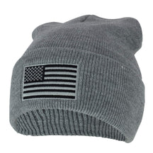 Armycrew Made in USA Grey American Flag Embroidered Knit Cuff Long Beanie