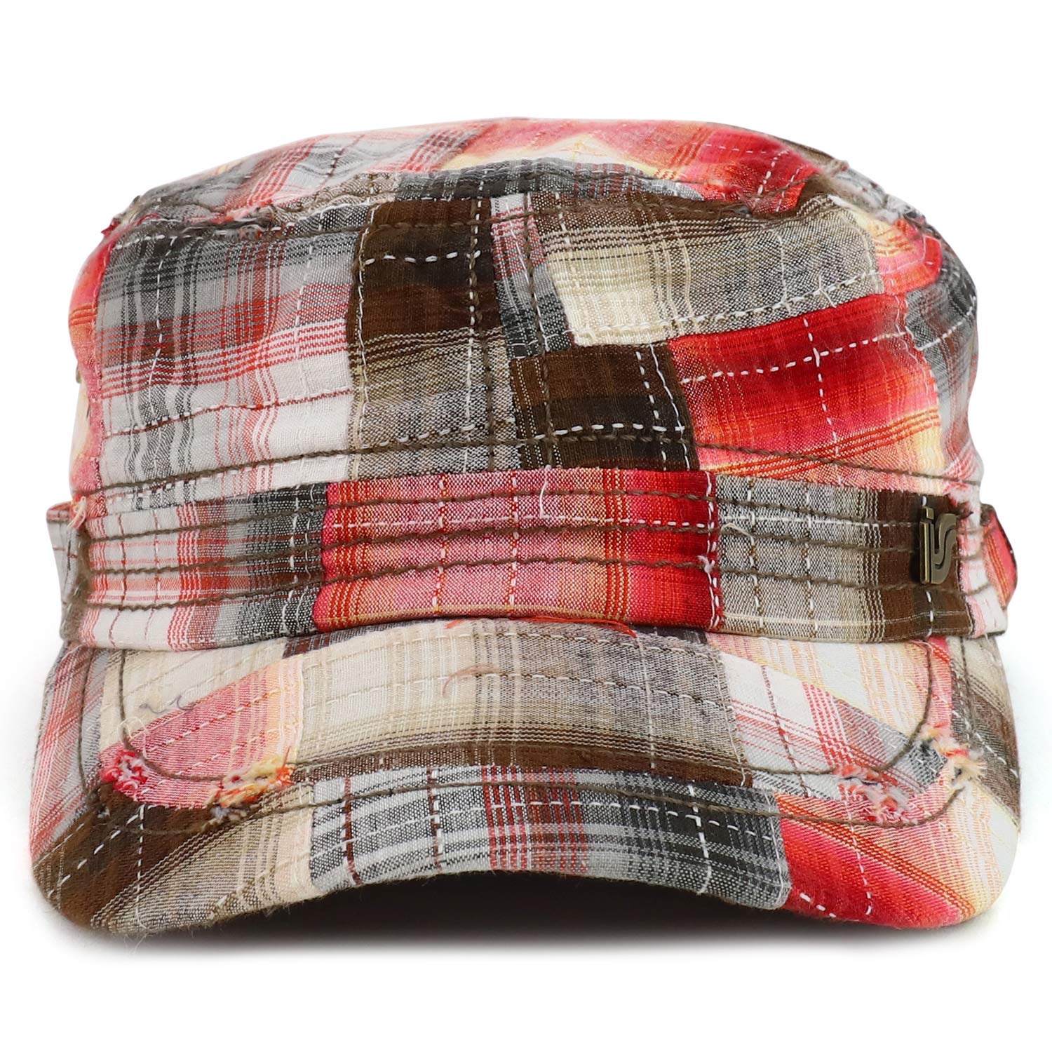 Armycrew Fashion Plaid Frayed Bill Flat Top Cotton Army Cap - Red