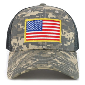 Armycrew Yellow American Flag Patch Camouflage Structured Mesh Trucker Cap - ACU