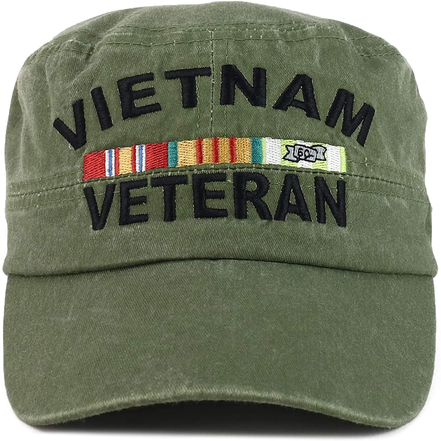 Armycrew Vietnam Veteran Ribbon Embroidered Washed Pigment Dyed Flat Top Cap - Olive