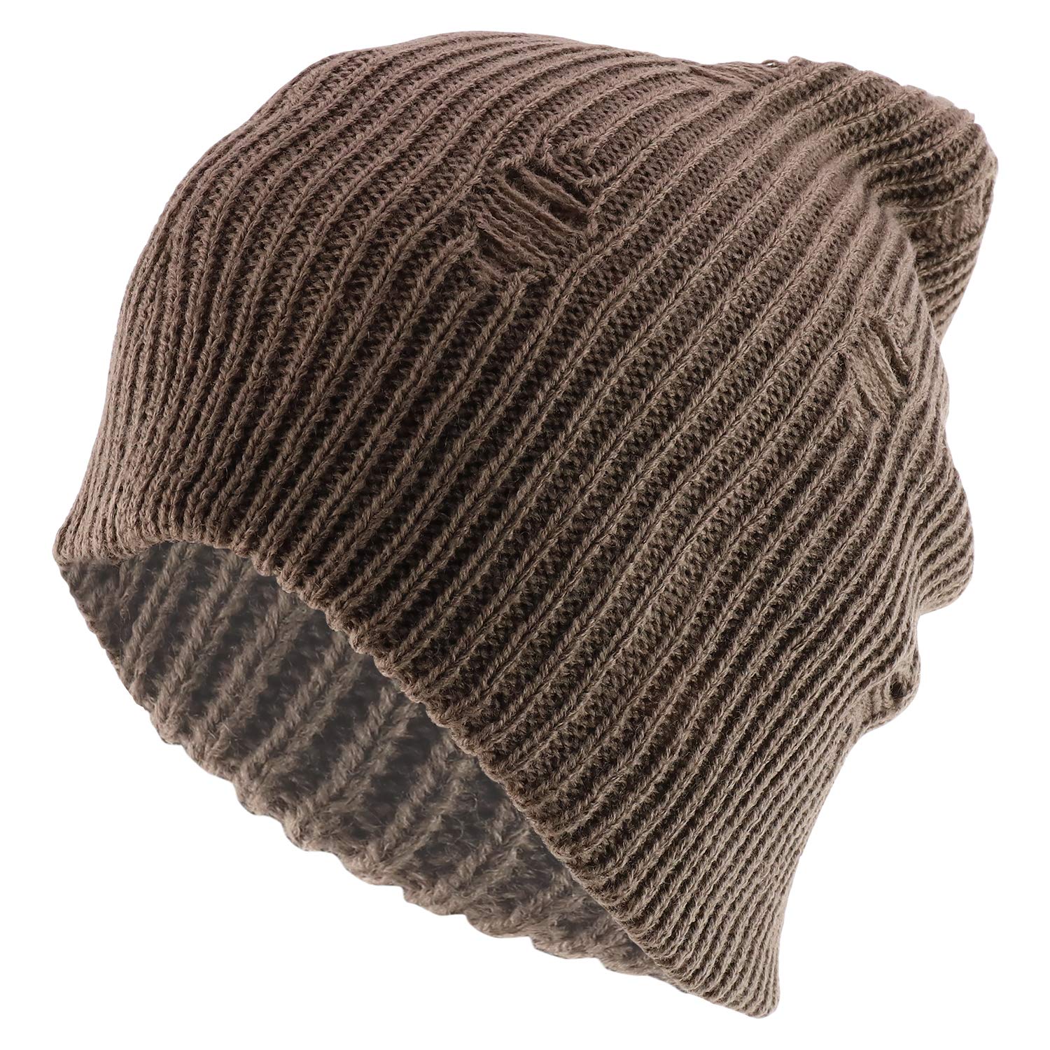 Armycrew Vintage Frayed Pattern Knit Deep Slouchy Beanie - Taupe