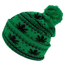 Marijuana Leafs Pom Pom Acrylic Beanie Hat - Kelly Green Black - WB071-86