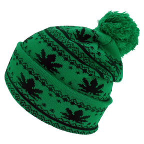Marijuana Leafs Pom Pom Acrylic Beanie Hat - Kelly Green Black - WB071-86