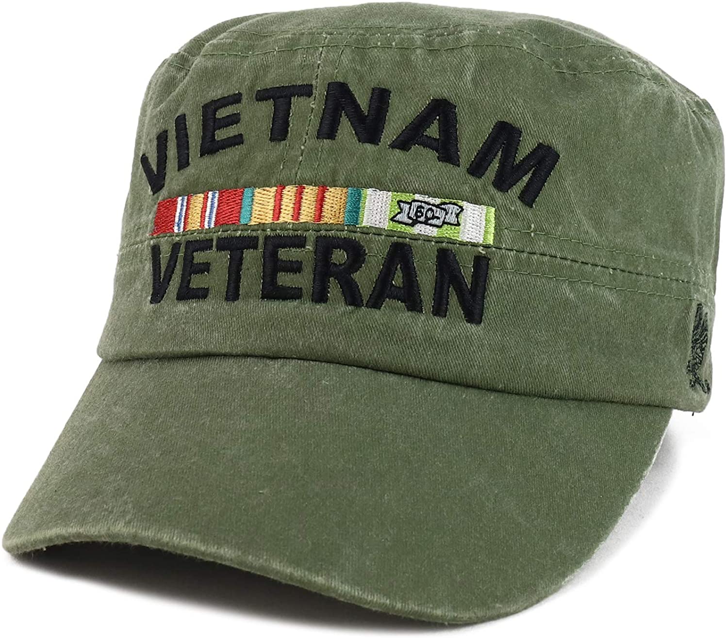 Armycrew Vietnam Veteran Ribbon Embroidered Washed Pigment Dyed Flat Top Cap - Olive