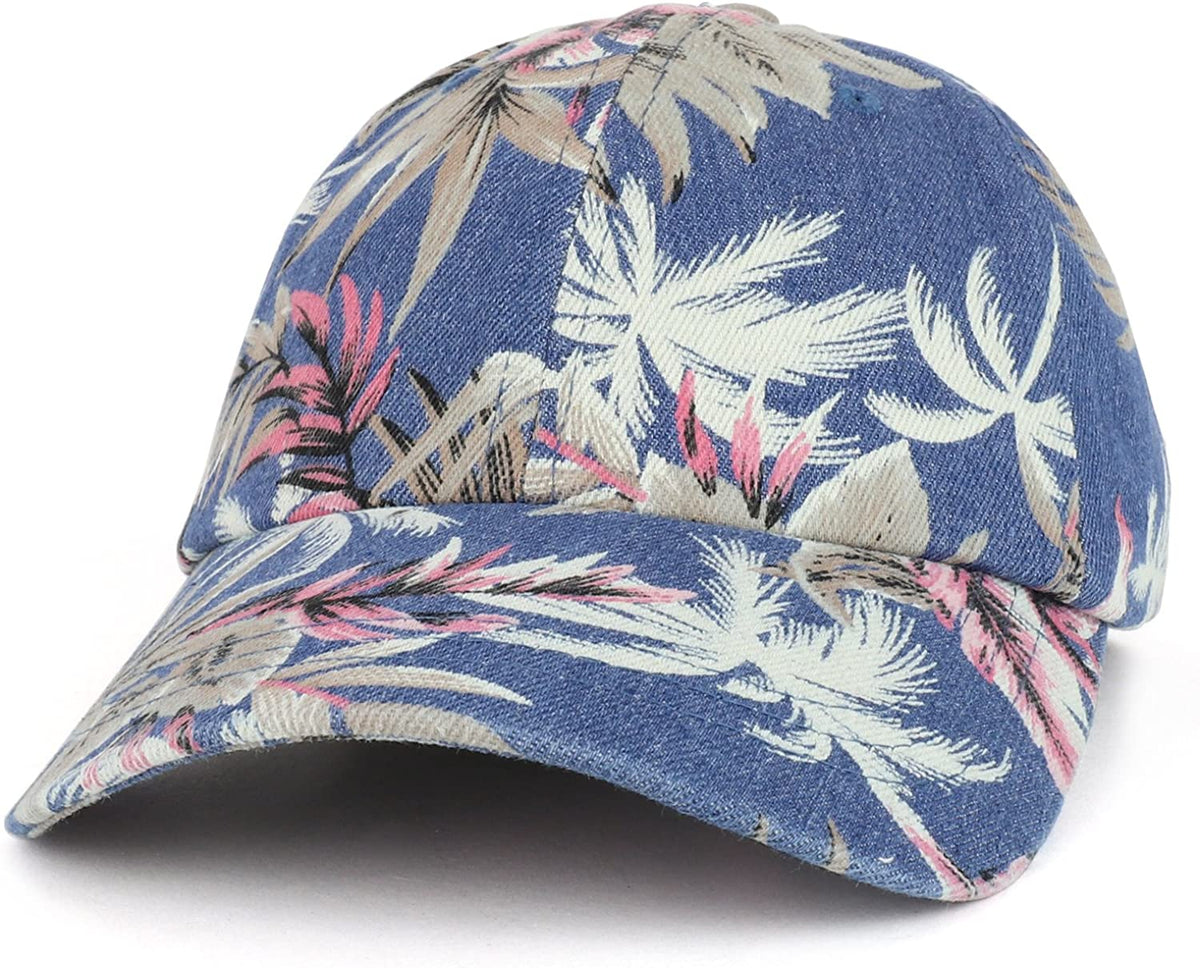 Armycrew Tropical Floral Print Unstructured Denim Baseball Cap